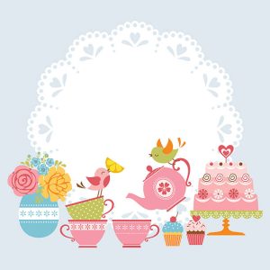 Tea party invitation with cute birds and place for your text.