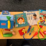 Doctor’s Bag Blood Pressure Gauge Scissors Kidney Dish ID Badge Bandage Scalpel Reflex Hammer Syringe Thermometer Tweezers Stethoscope Ear Scope books