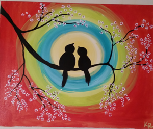 Two lovebirds in silhouette sitting on a tree branch in the middle of a circle of blue and green and all against a red background.