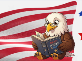 eagle with glasses reading in front of american flag