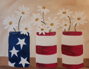 Three vases in a row, the first painted blue with white stars and the other two painted in red & white stripes to look like the American flag. All three vases have daisies in them.