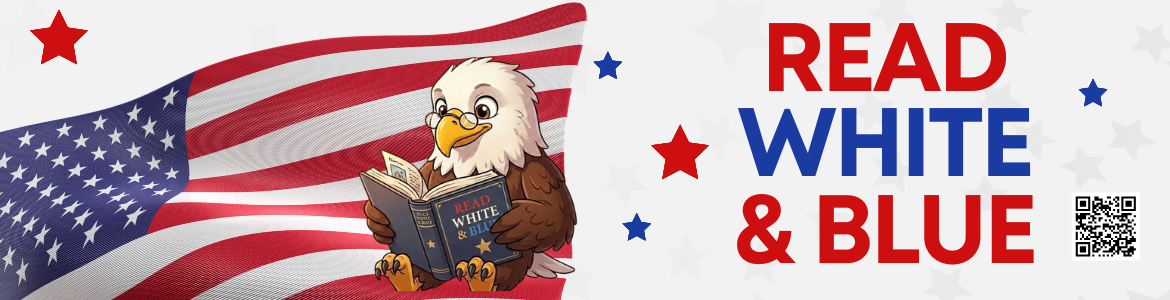 eagle with glasses reading in front of the american flag