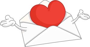 A red heart in an envelope with arms. clip art.