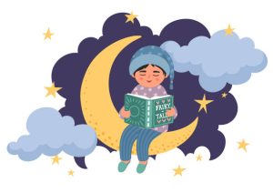 Bedtime story. Cute little boy reads book. Child in pajama sitting on the moon. Night starry sky with clouds