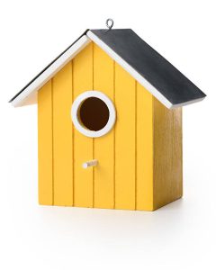 New wooden yellow bird box, isolated on white background