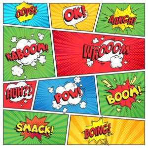 Comics page. Comic book grid frame, funny oops bam smack text burst speech bubbles, bubble pack explosion on color stripes cover retro background colorful vector layout template