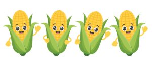 4 ears of corn with happy faces in their stalks. Clip art.