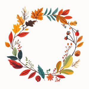 A fall wreath of different leaves in reds, oranges, yellows, and greens.