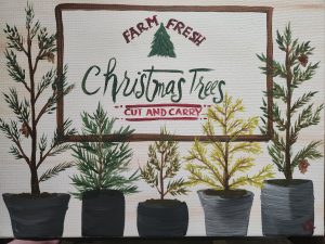 Fresh Farm Christmas Trees sign with small trees in pots in front of the sign.