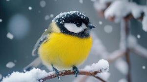A yellow, black, and white bird sitting on a snowy tree branch.