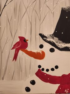 A painting of a snowman with a red cardinal sitting on it's carrot nose.
