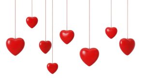 8 hearts of various sizes hanging from string. Clip art.