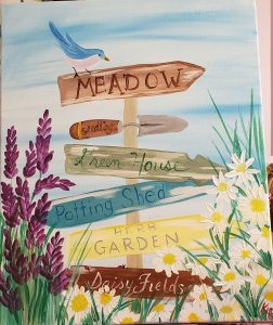 A directional sign with 6 pointers in a garden.