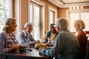Group of senior people enjoying in conversation during lunch at dining table.