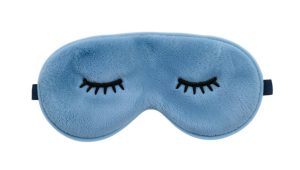 A blue sleep mask with eyelashes on it.