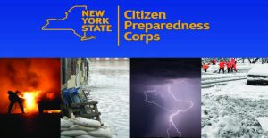 Mew York State Preparedness Corps logo with pictures of natural disasters: fire, flood, snow, and lightning strike.