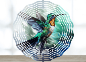 A round wind spinner with a hummingbird printed on it.