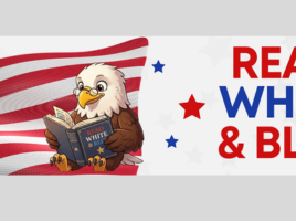 eagle with glasses reading in front of the american flag