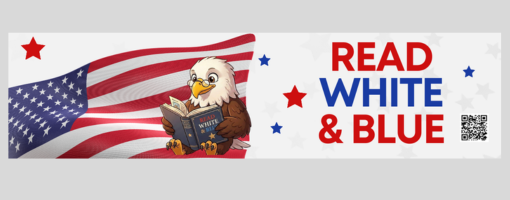 eagle with glasses reading in front of the american flag