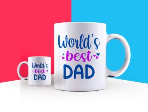 White mugs with World's Best Dad written on them.