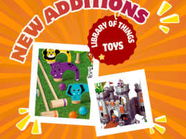 Two photos styled as polaroids showcasing new toy additions: one features a colorful wooden animal croquet set on green grass, and the other shows a grey toy knight castle playset.