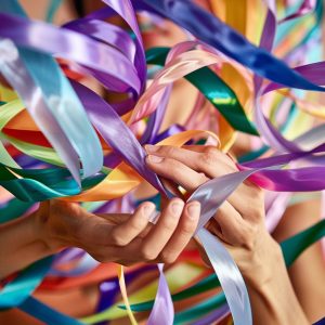 A jumble of ribbons in various sizes.