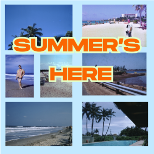 Summer's Here Playlist with 7 different pictures of beaches, the ocean, palm trees, etc.