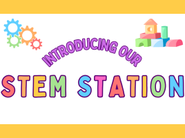Colorful interlocking gears and toy building blocks creating a small house, accompanied by the vibrant, stylized text 'INTRODUCING OUR STEM STATION' against a bright yellow and white background