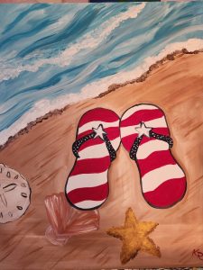 A painting of red & white flip flops on the sand in front of the ocean.
