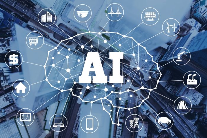 AI inside an outline of a brain with offshoots of the different ways AI can be used like financial, business, school, etc.