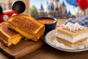 A grilled cheese sandwich and marshmallow desert on a table with mouse ears in the background.