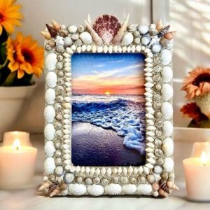 A frame decorated with different kinds and sizes of seashells.
