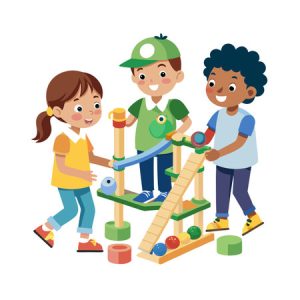 3 grade schoolers playing with blocks. clip art.