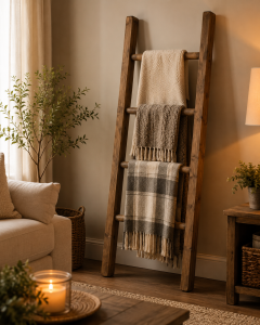 A wooden ladder in a living room propped against a wall with 3 blankets folded over 3 rungs.