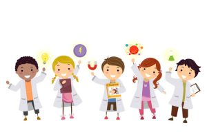 5 kids in lab coats with different science symbols, like atoms, beakers, etc., around them. clip art